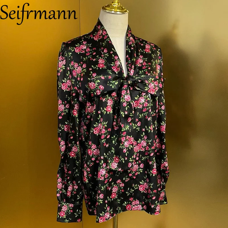 Seifrmann Fashion Design Women's Scarf Collar Bow Long Sleeved Loose Folds Print Silk Tops
