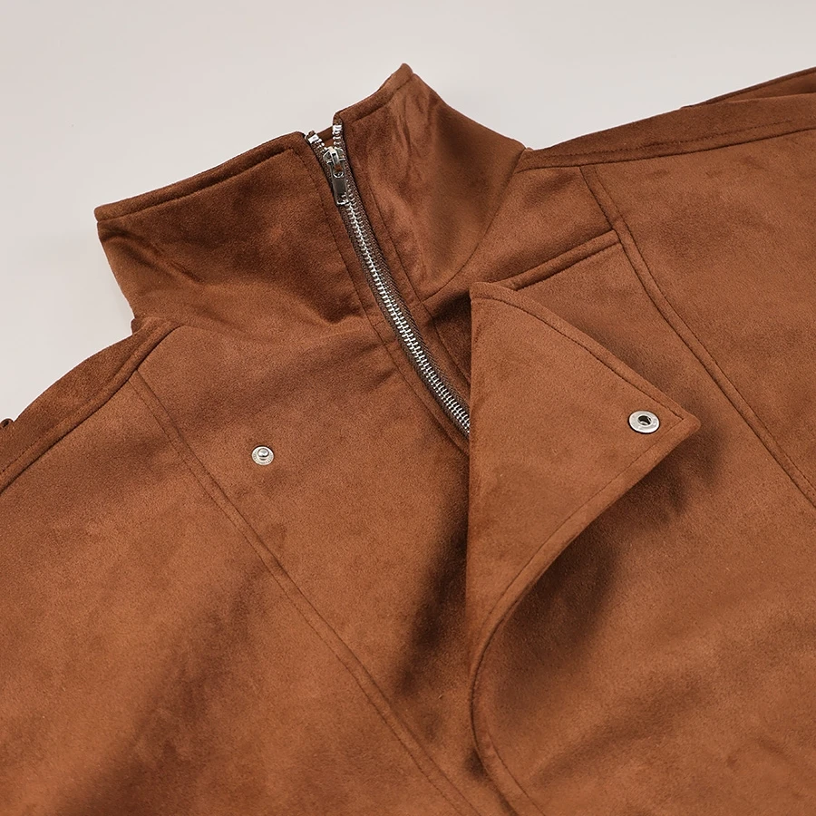 Vintage-Jacke aus massivem Kunstwildleder mit Reißverschluss für Damen, modisch, elastische Taille, Taschen, Reverskragen, locker geschnittener Mantel, Damen-Alltags-Street-Outfit. – Detail 29