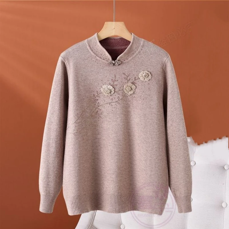 Chinese Style Moms Fleece Knit Sweater Warm Embellished Top Elderly Women Winter Inner Daily Wear