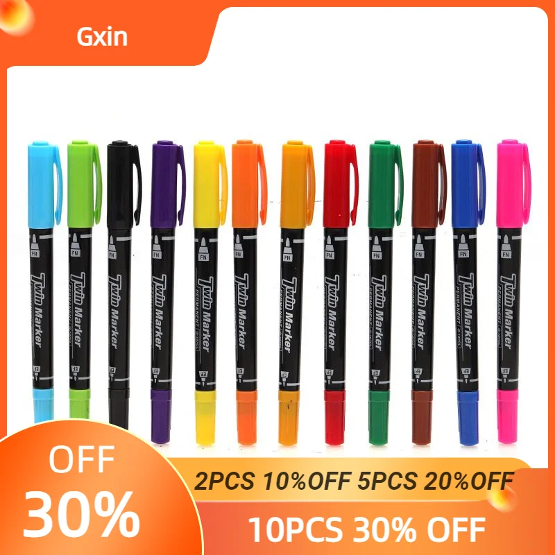 Gxin G-107 12PCS Colored Permanent Marker. Art Pens.Dual Tip.Waterproof.Practical Pen.Perfect For Industry School And Home.Color