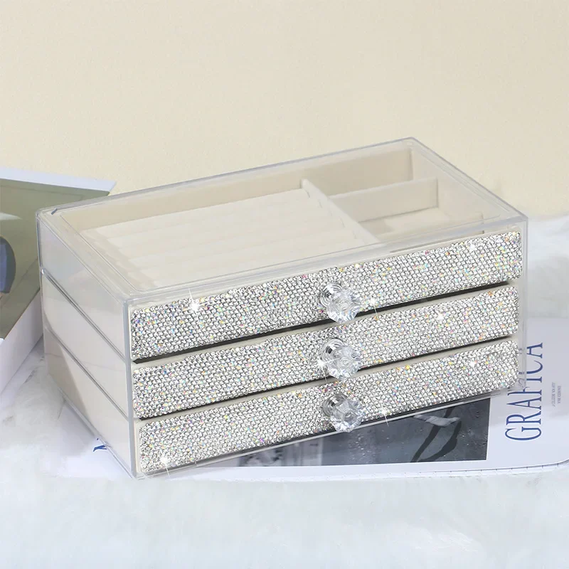 Rhinestone Three Layer Velvet Jewelry Storage Box Transparent Earring Jewelry Organizer Ring Display Jewelry Box Dust Proof Case 5
