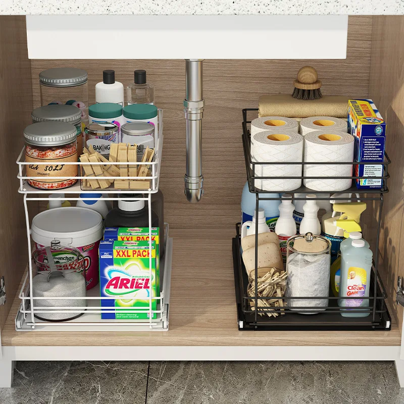 

Kitchen lower sink shelves, pull-out drawer shelves, supply cabinets