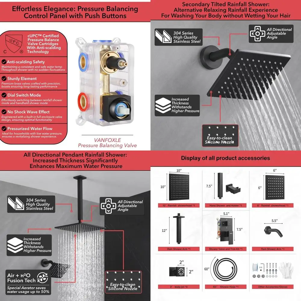 

Matte Black Shower System with 4-Mode Handheld, Dual Shower Heads, and 4 Body Jets