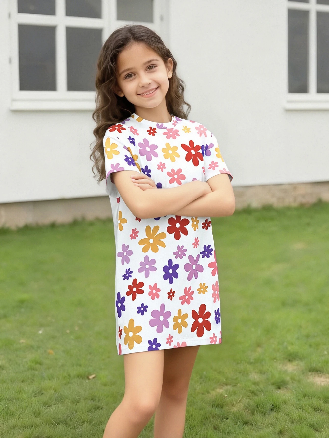 2026 girls summer short-sleeved T-shirt skirt, colorful small floral round neck loose and cute T-shirt skirt