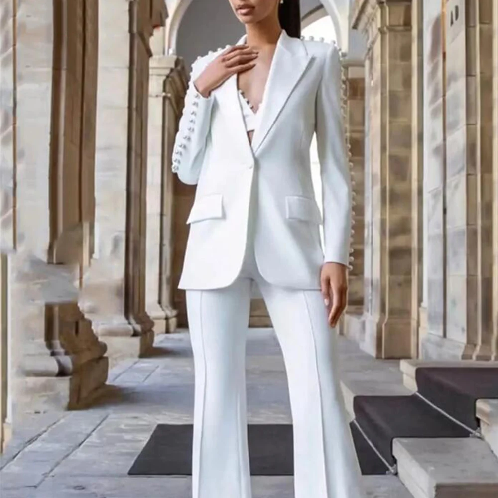 Luksusowe białe garnitury damskie Formal Party Beaded Prom Blazer Singel Breasted Jacket Pants 2-częściowa sukienka dla matki panny młodej wykonana na zamówienie