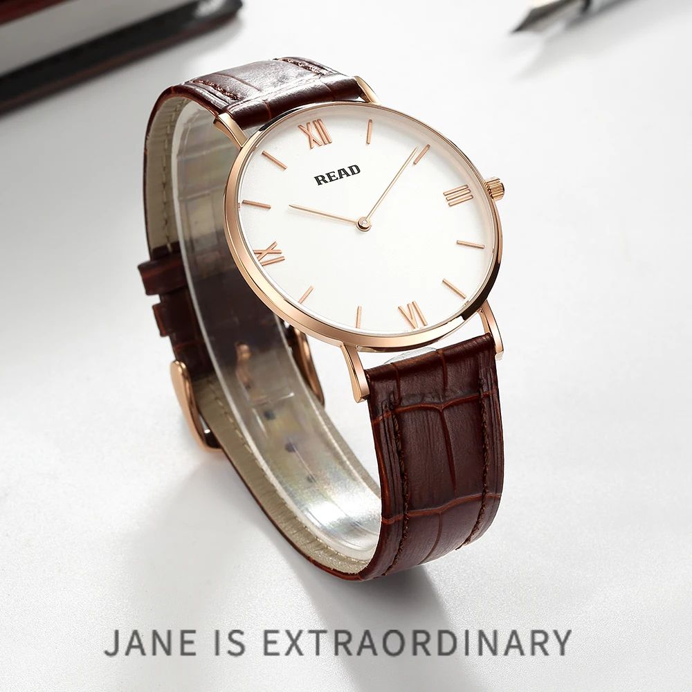 READ Minimalist Quartz Watch | Rose Gold Case | Brown Leather Strap | White Roman Dial | High Hardness Glass | 3ATM Waterproof