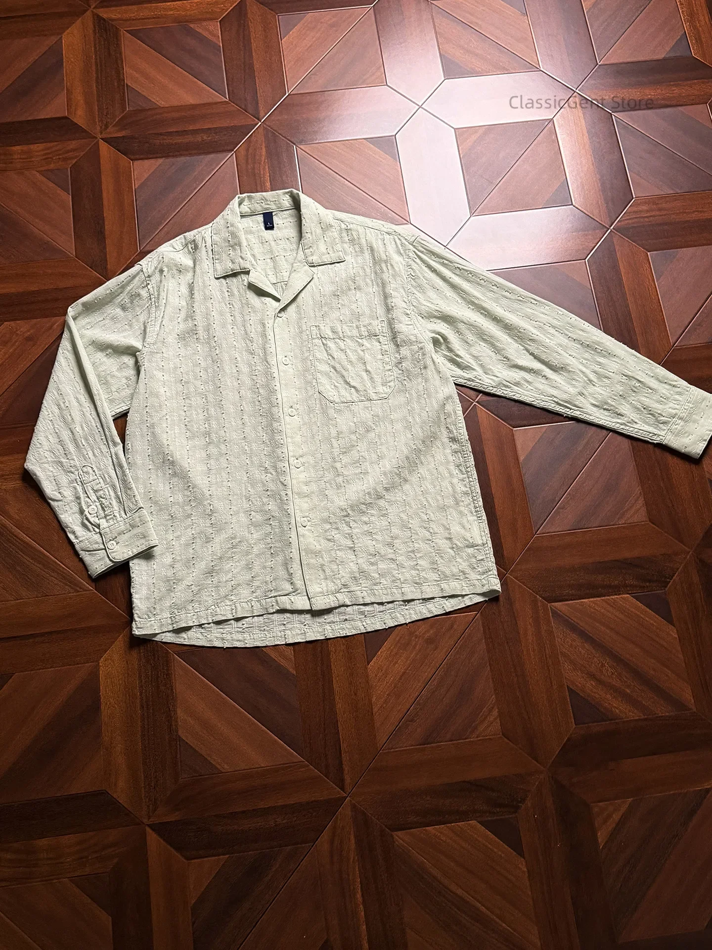 New Classic Cuban Collar 40 Cotton Dark Texture 4.2OZ White Long Sleeve Shirt