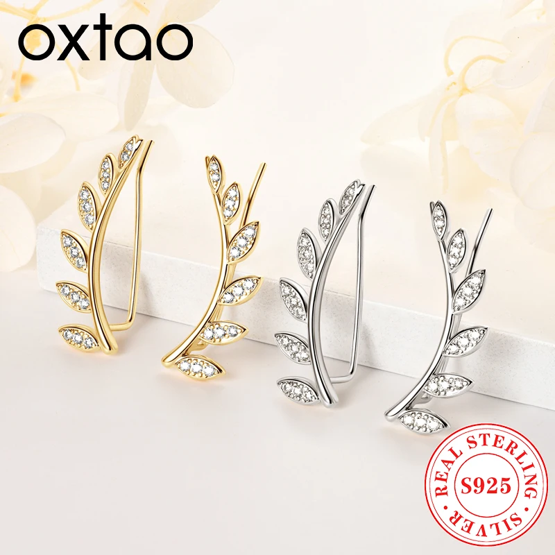 

OXTAO D VVS1 Climber Earrings GRA Certified for Women Real 925 Silver Leaf-Shaped Piercing Earrings Fine Birthday Jewelry Gift