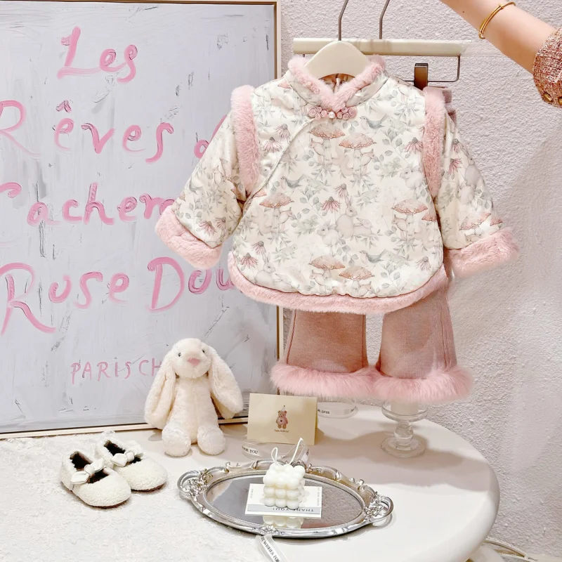 

Girls' Winter Outfit Stylish Children's Fleece-Lined Baby Girl First Birthday Dress New Year Celebration Hanfu Two-Piece Set