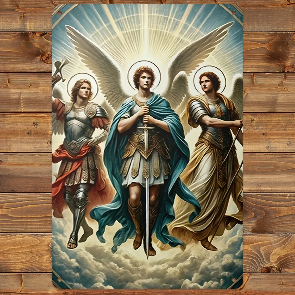 Placa de Metal Vintage com Arcanjos Miguel, Rafael e Gabriel, Arte Religiosa para Parede, Decoração para Sala de Estar, Quarto, Escritório e Igreja