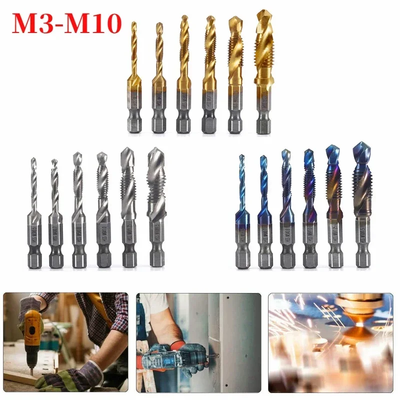 

6Pcs Tap Drill Bit Set Hex Shank Titanium Plated HSS Screw Thread Bit Screw Machine Compound Tap M3 M4 M5 M6 M8 M10 Hand Tools