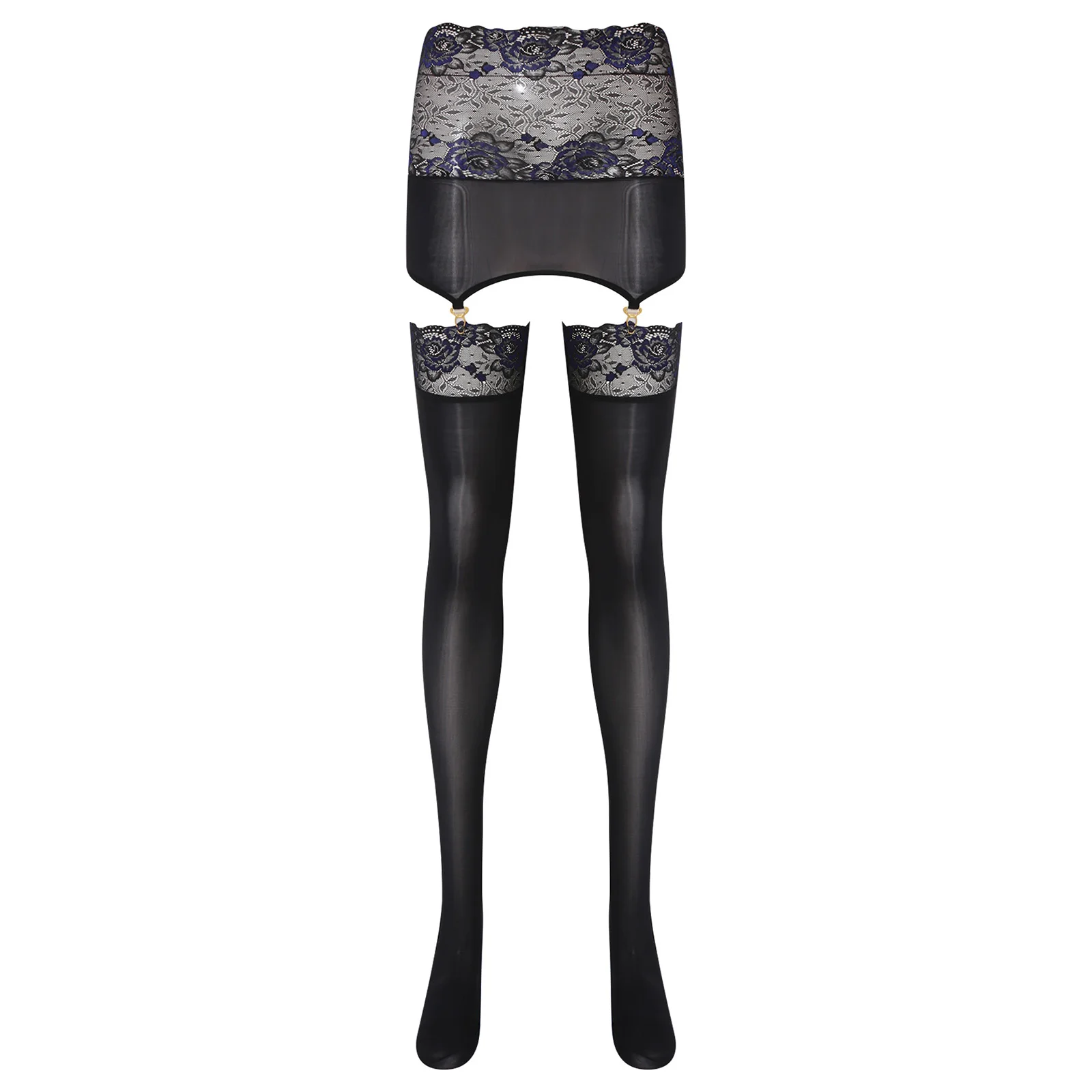 Womens Glossy Bodycon Skirt with Garters Suspender Stockings Floral Lace Trim High Waist Miniskirt Hollow Out Tights Pantyhose