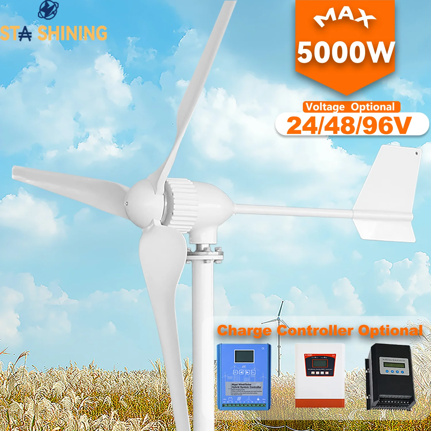 

【Higher-Output】Horizontal Wind Turbine Generator 5000W Max Windmill W/ MPPT Hybrid Charge Solar Wind Off-Grid System, 3 Blades