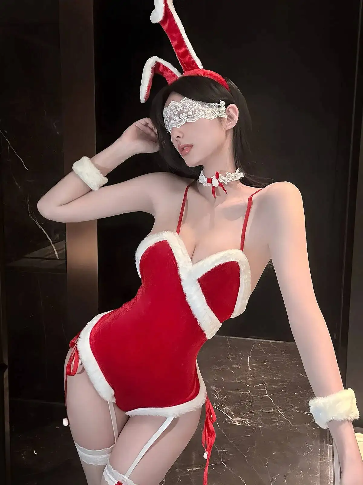 Sexy Fluffy Christmas Theme Bow Side Waist Backless Bodysuits Pure Desire Deep V Suspenders Sleeveless Lace Bowknot Scarf HK7M