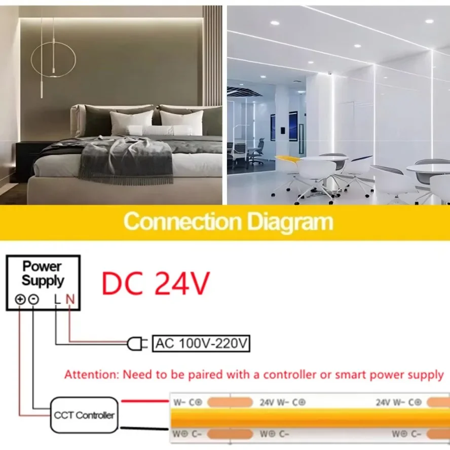 24V Tri Color Smart Dimming 10m COB LED Strip Light 480LEDs/m 8mm Width High Density Flexible Light Strip for TV Wall Decoration