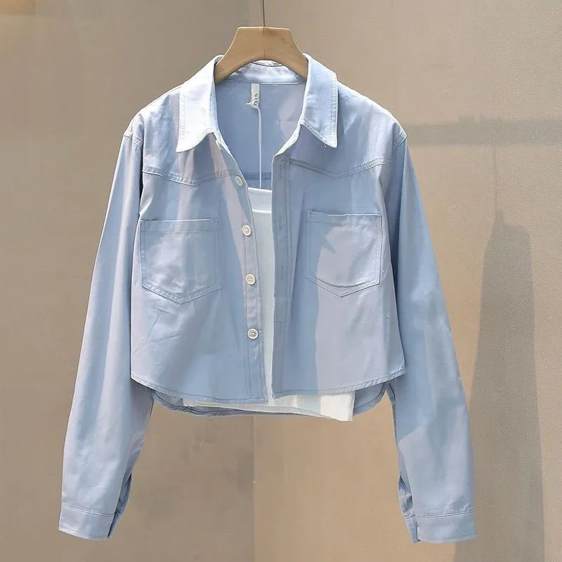 Frühling Sommer blau Abgeschnitten Blusen 2025, Neue Lange Hülse Dünne Casual Mäntel Weiblichen Koreanischen Mode Streetwear Blusas Tops