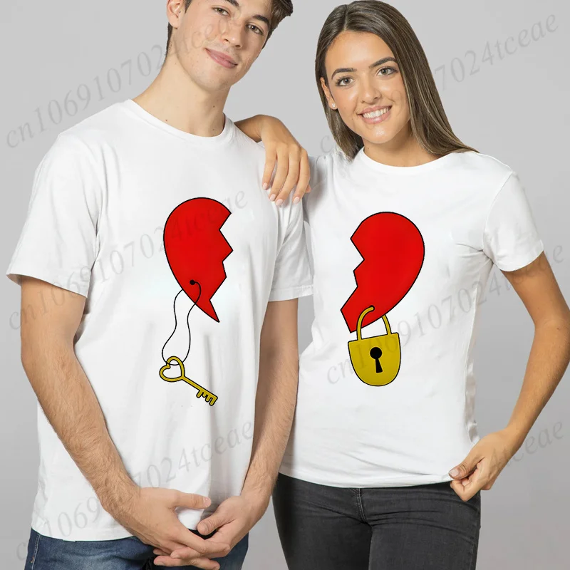 Men Women's T-shirt Partnerlook Heart Lock Key Love Funny Fashion Couple Short Sleeved T-shirt Love Couples Outfits Lover Shirt