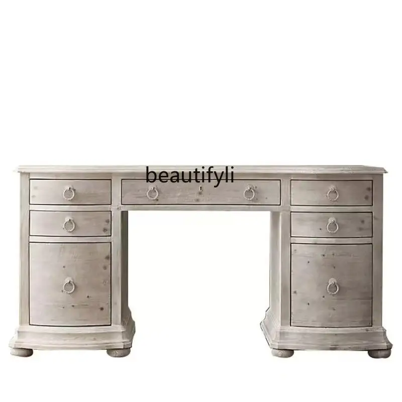 

American antique old solid wood desk writing desk bedroom French retro style children's study table