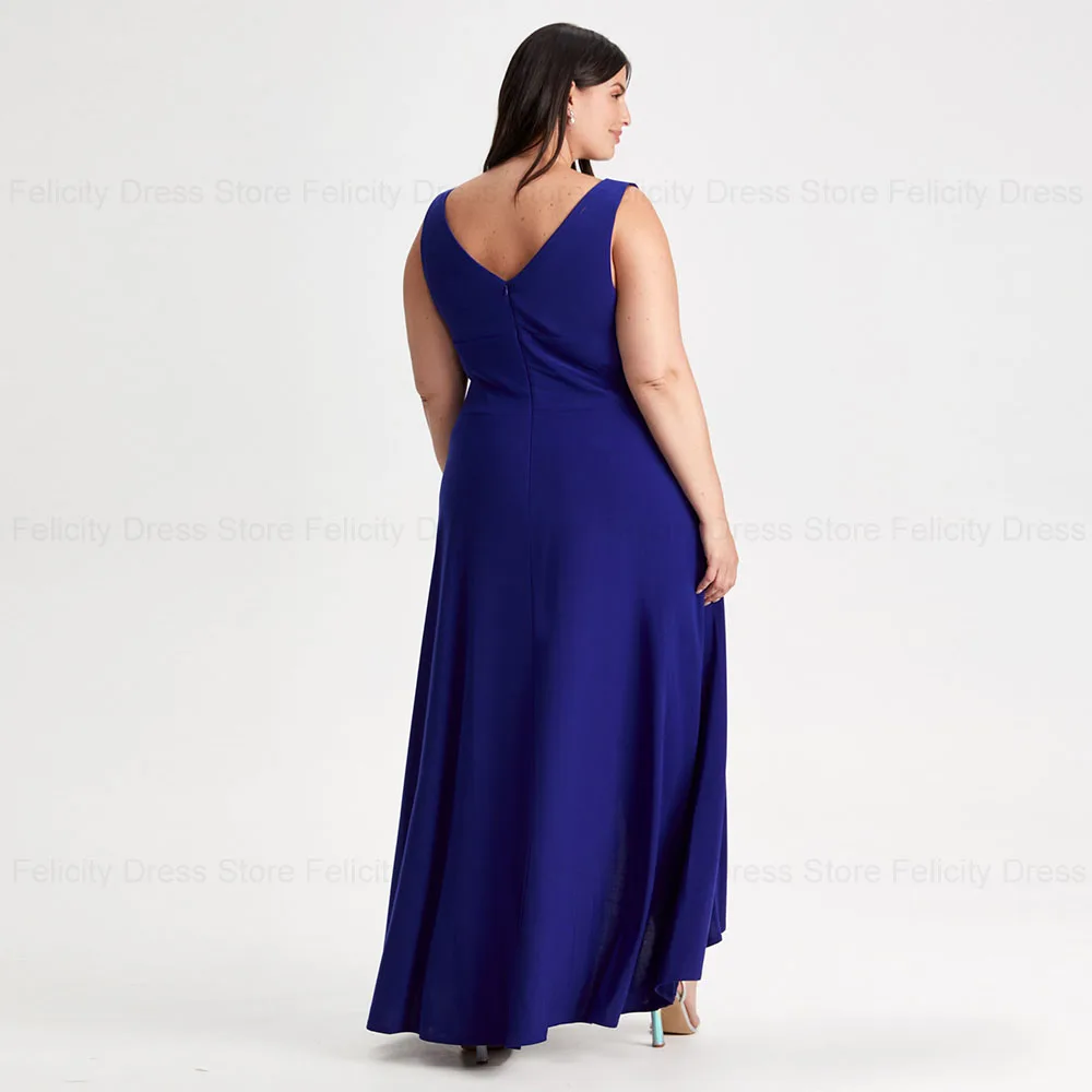 Koningsblauw Chiffon Plus Size Moeder Van De Bruid Jurken 2024 A-Lijn V-Hals Trouwjurken Geplooide Kralen Avondjurken