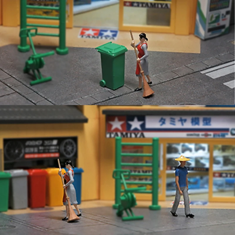 1/64 Park Cleaning Resin Figures Set, Miniature Street Sweeper & Trash Can Model Kit for Car Diorama Display Scene Accessories