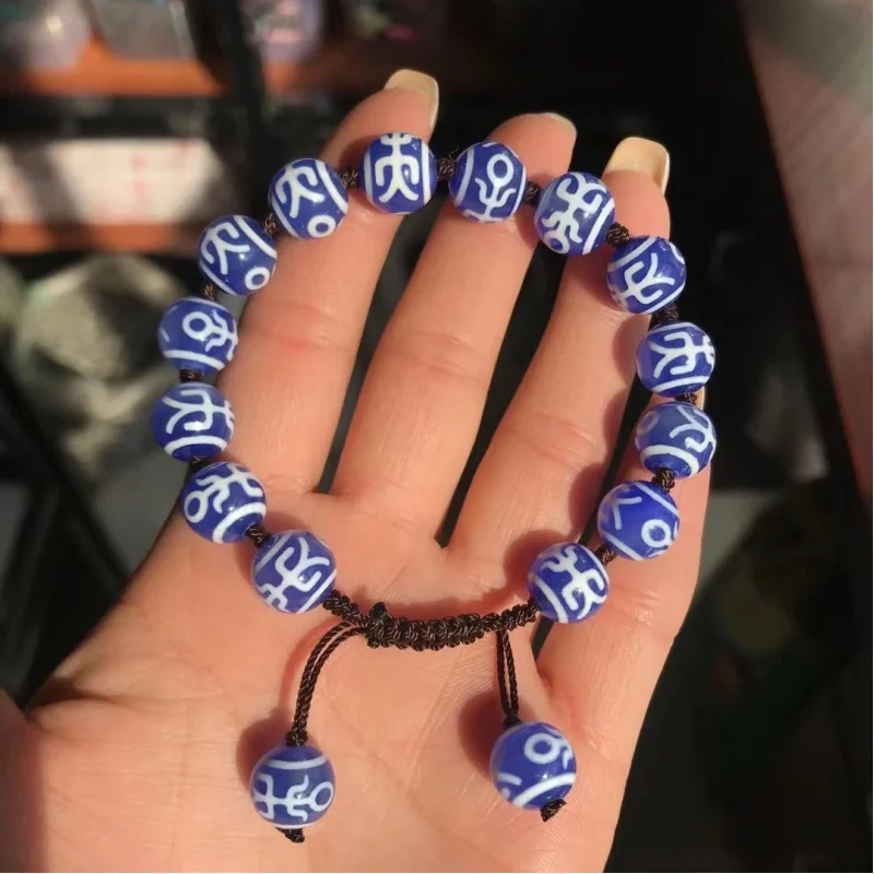 Tibetan Shiny Dzi Blue Chalcedony Round Beads Braided Bracelet Jewelry