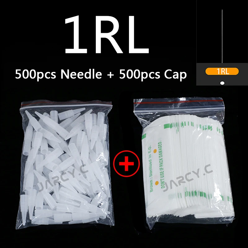 500Pcs Traditional Tattoo Machine Needle Caps and 500Pcs PMU 1R Needles For Permanent Makeup Tattoo Eyebrow Eyeliner Lips Pen