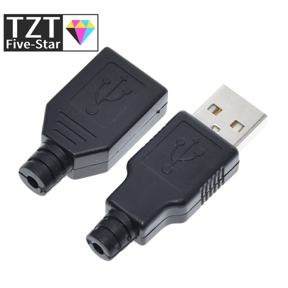 1/5Set Type A Male USB 4 Pin Plug Socket Connector +Type A Female USB 4 Pin Plug Socket Connector With Black Plastic Cover DIY