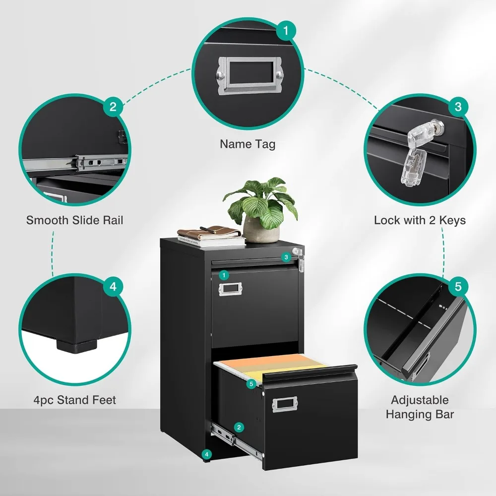 Narrow Vertical Metal File Cabinet with Lock and Label, 2-Drawer Small Filing Cabinet