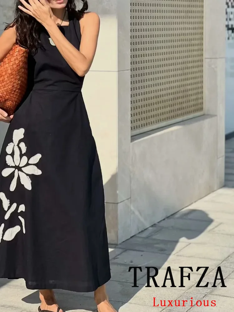 TRAFZA Vintage Chic Women Dress ricamo Slash Neck senza maniche Zipper Slim Dress Fashion 2024 Summer Holiday Loose Dress