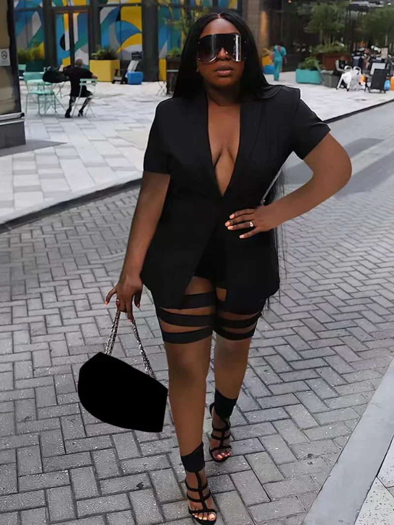 

GUWU Fashion One Button Short Sleeve Blazer Suit and Hollow Out Shorts Matching Set Women OL Work Two 2 Piece Set