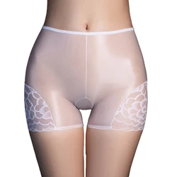 Sexy Women's Oil Sheer Transparent Lace Flower Silky Smooth Safety Short Pants Female Underwear Panties Shorts