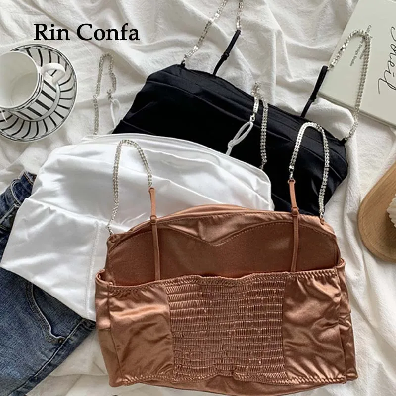 

Rin Confa Women Diamond Chain Camisole Pile Collar Chic Streetwear Slim Tops Y2K Summer New Fashion Party Korean Satin Top