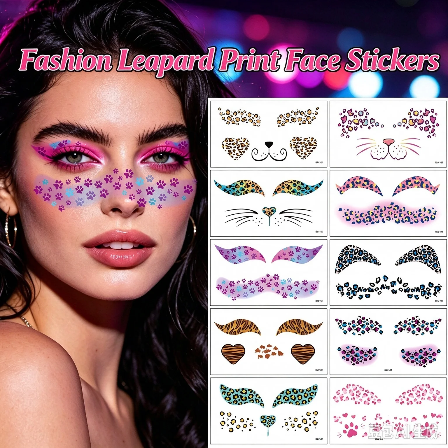 Leopard Print Cat Face Temporary Tattoos, Multicolor Cheetah Whiskers Face Tattoo Stickers, Waterproof Fake Face Decals for Rave
