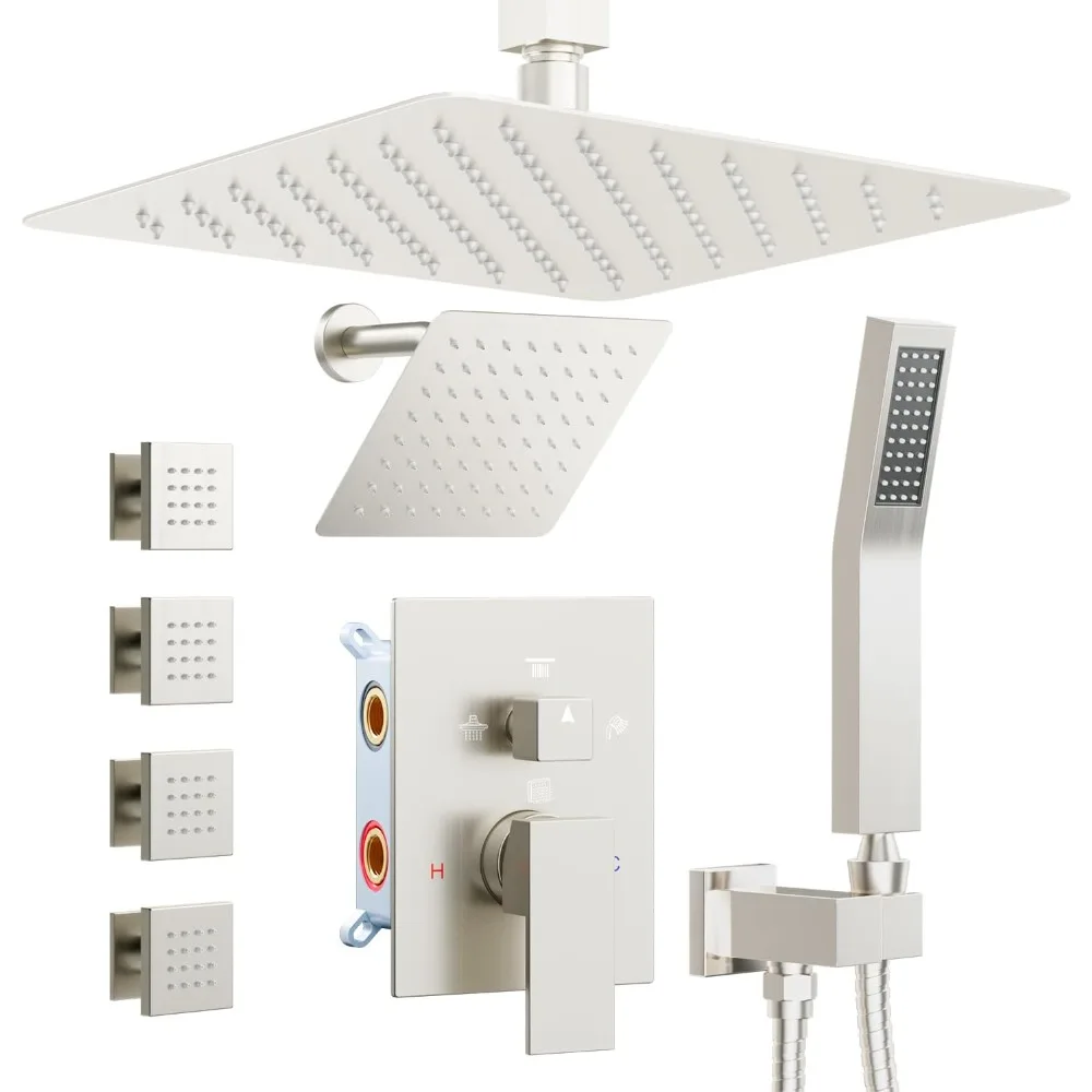 

4-Way Shower System with 12+6 Rainfall Head, Handheld, and Ceiling Spray Jets