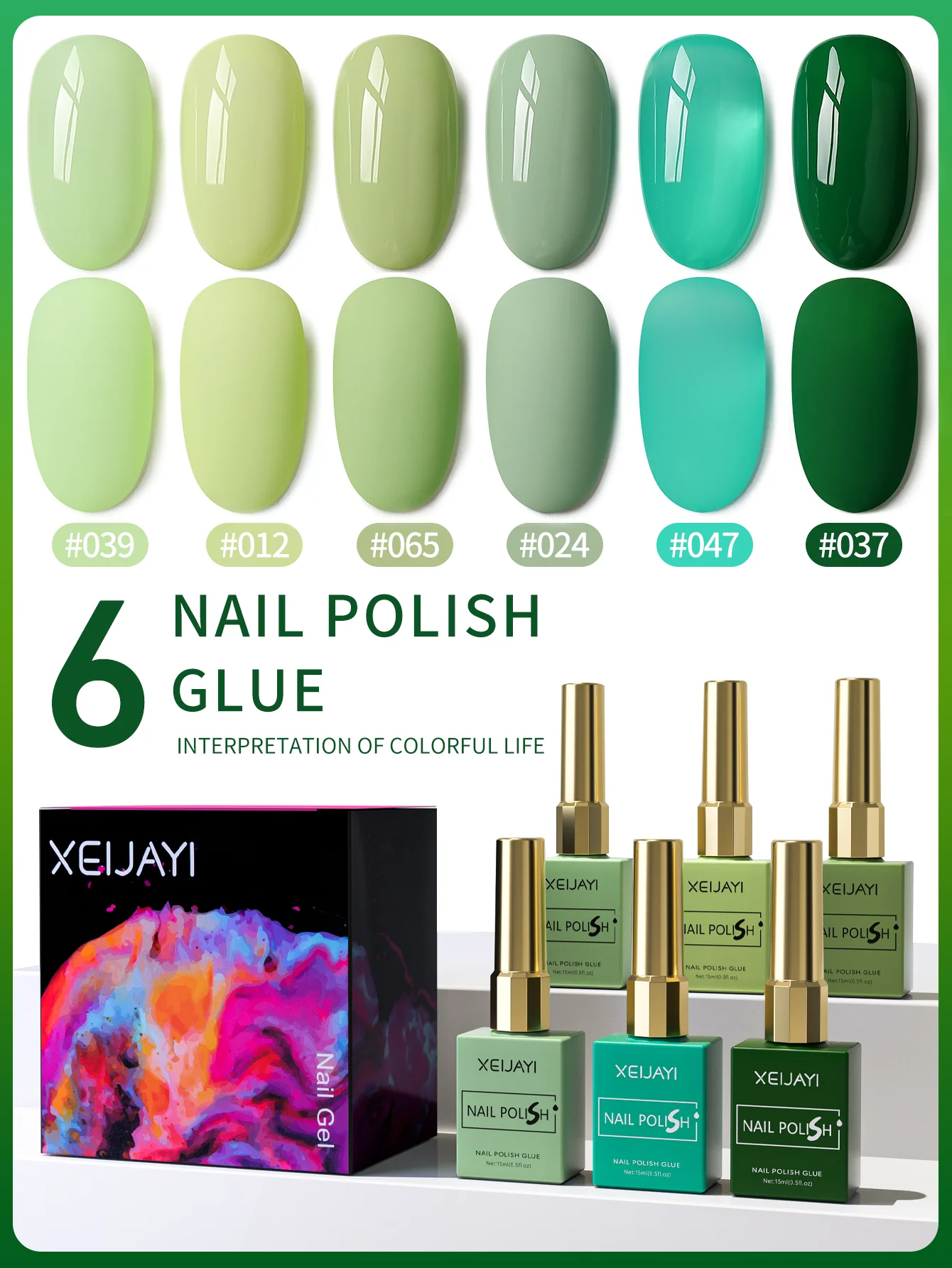 XEIJAYI 6pcs 15ml Gel Nail Polish Set Green Semi Permanent UV Gel Polish Kits All For Manicure Kit Soak Off UV LED Vernis
