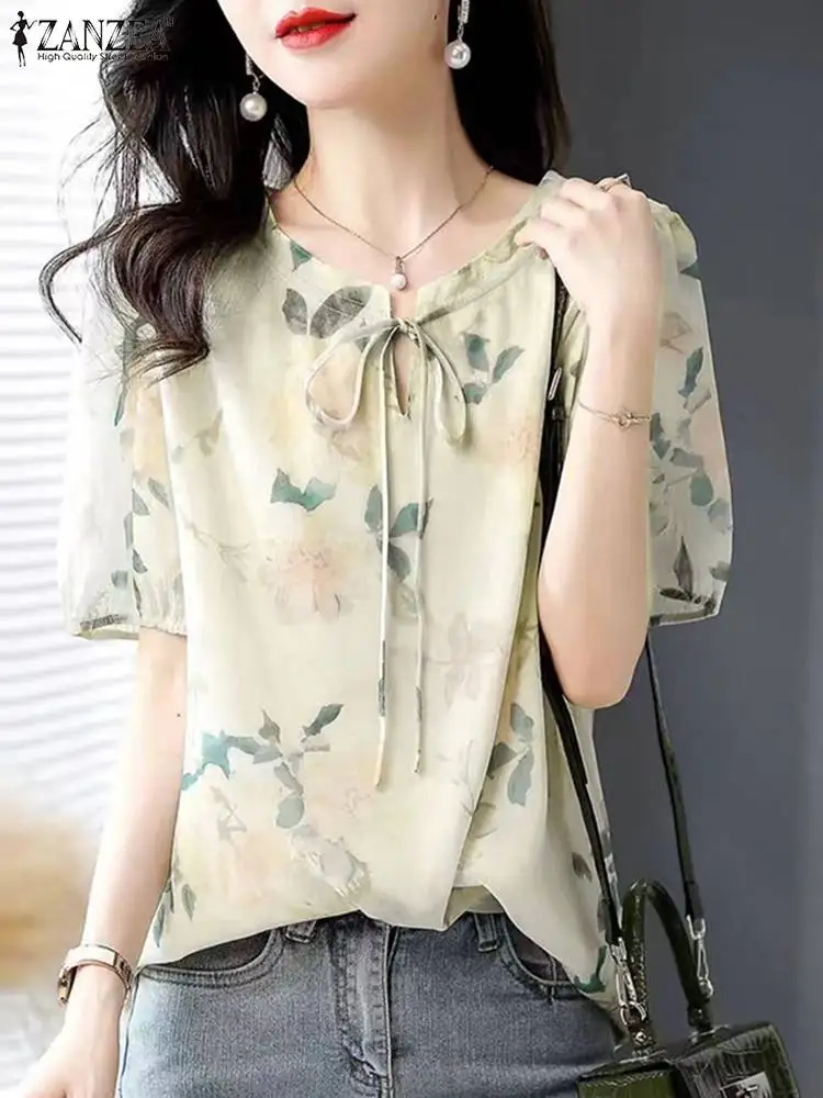 ZANZEA Vintage Casual Floral Print Tunic Summer Women Chiffon Blouse Retor Holiday Blusas Korean Bandage Round Neck Tops Shirt