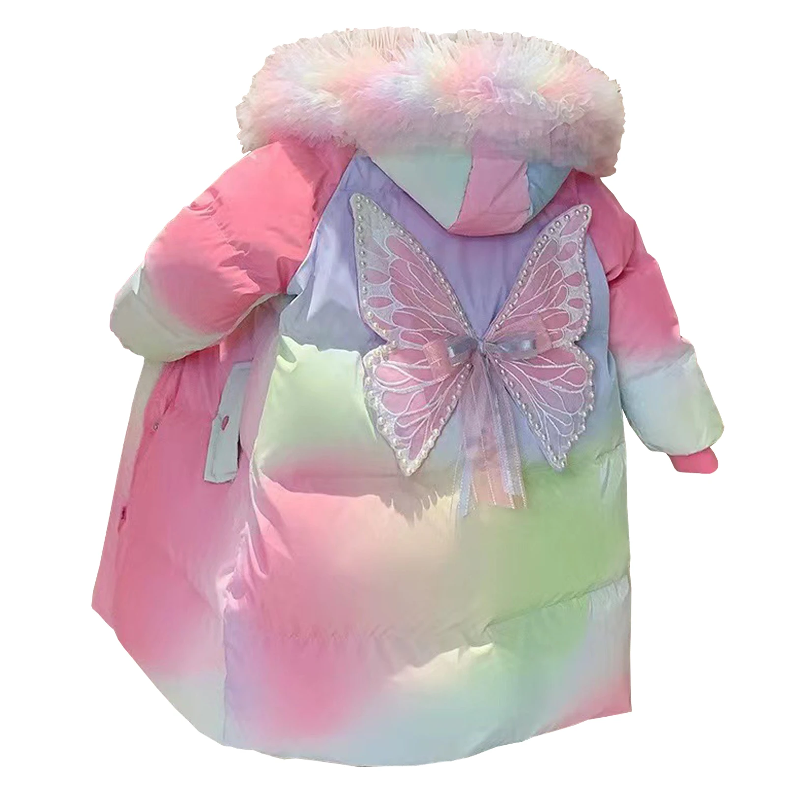 Gradient Girls Winter Parka Mesh Hood 3D Big Butterfly Down Coat Windproof Thick Teens Puffer Jacket Cotton-Padded Quilted Coat