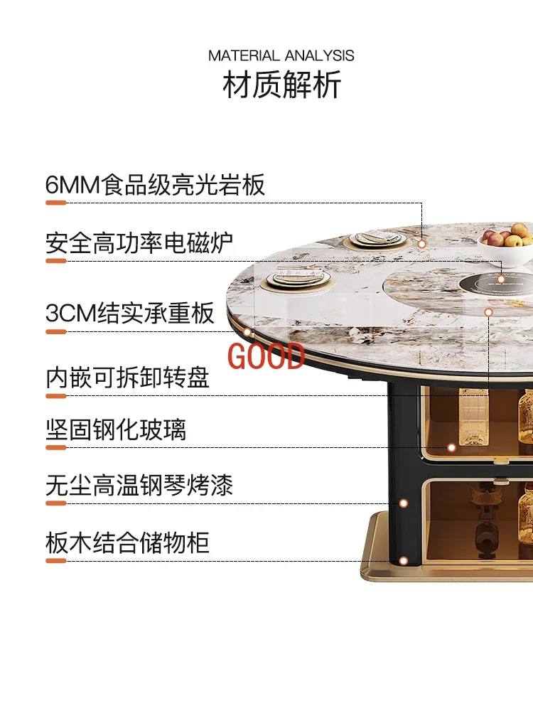 Легкий роскошный круглый обеденный стол из каменной плиты. Небольшая квартира со встроенной телескопической индукционной плитой с поворотным столом.
