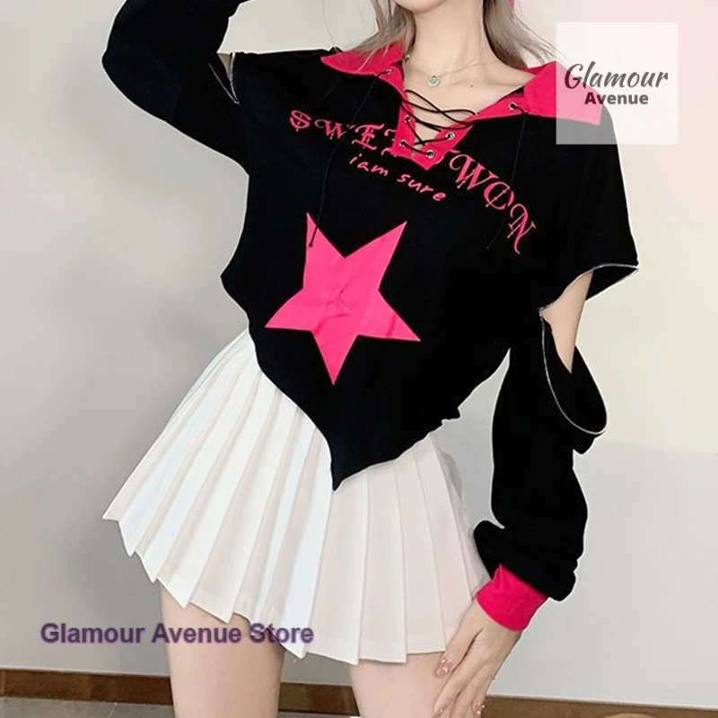 American Spice Girl POLO Collar Contrasting Star Top Women's Spring and Autumn Fashion Design Zipper Lace Irregular Coat