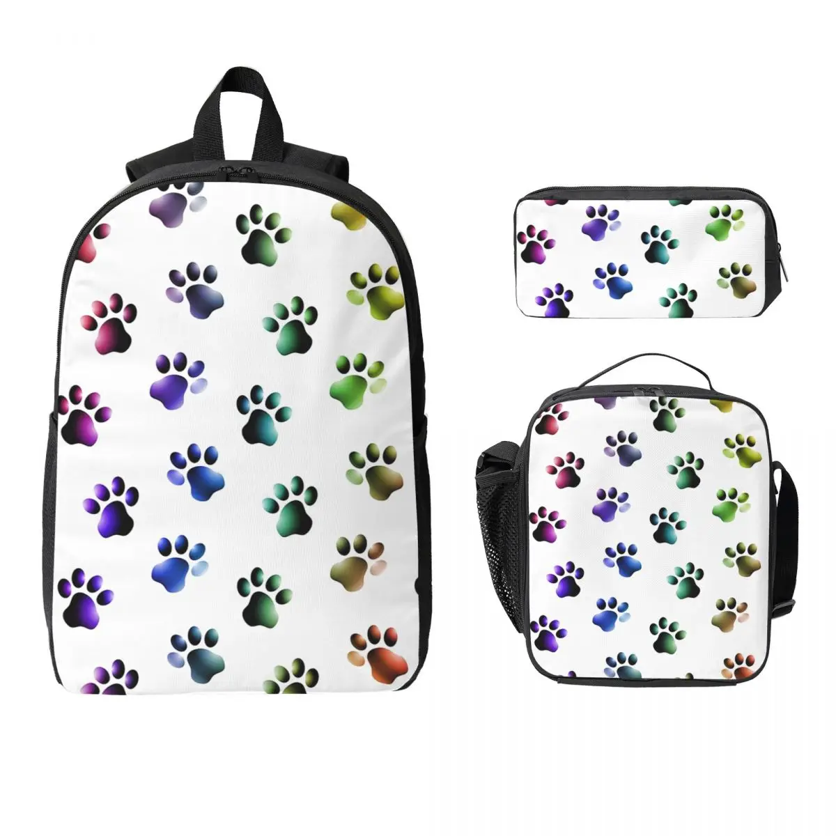 Animal Paw Prints Cats Dogs Rainbow Colors Backpack BookBag School Bag Laptop Shoulder Bags 3ps Insulated Lunch Bag Pencil Case