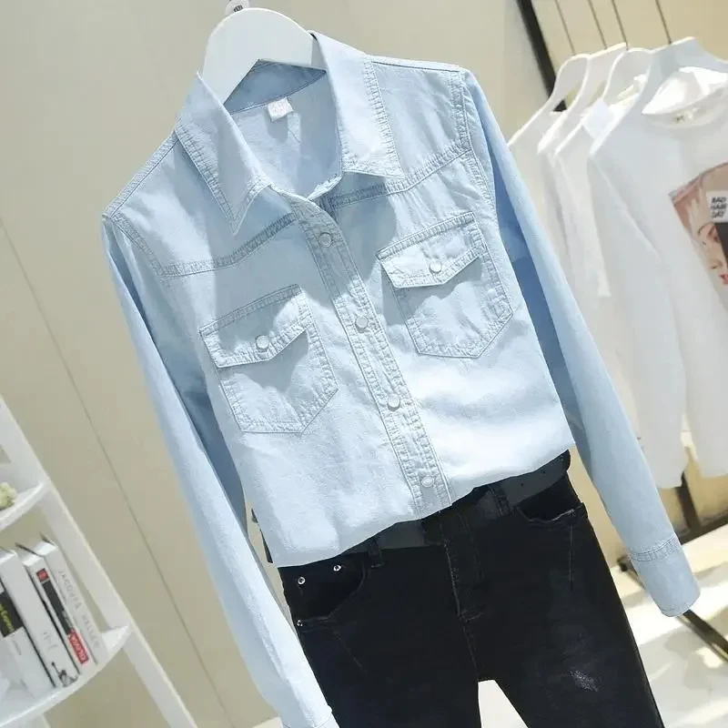 

Women Blouse Denim Long Sleeve Spring Clothes Blue Lapel Shirt