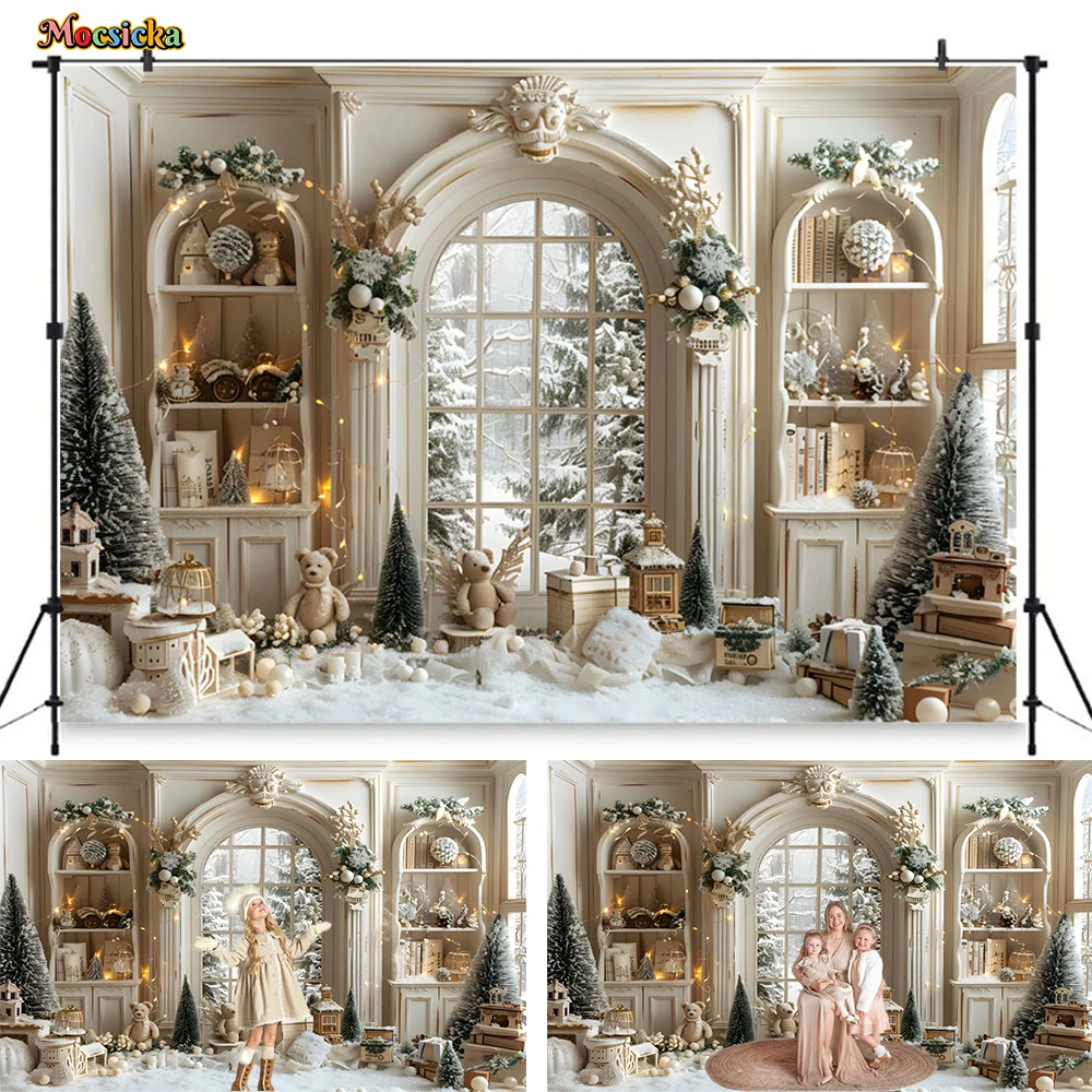 Mocsicka Beige Christmas Room Background Photography Arch Window Xmas Tree Gift Bear Backdrop Kids Baby Show Winter Photo Studio