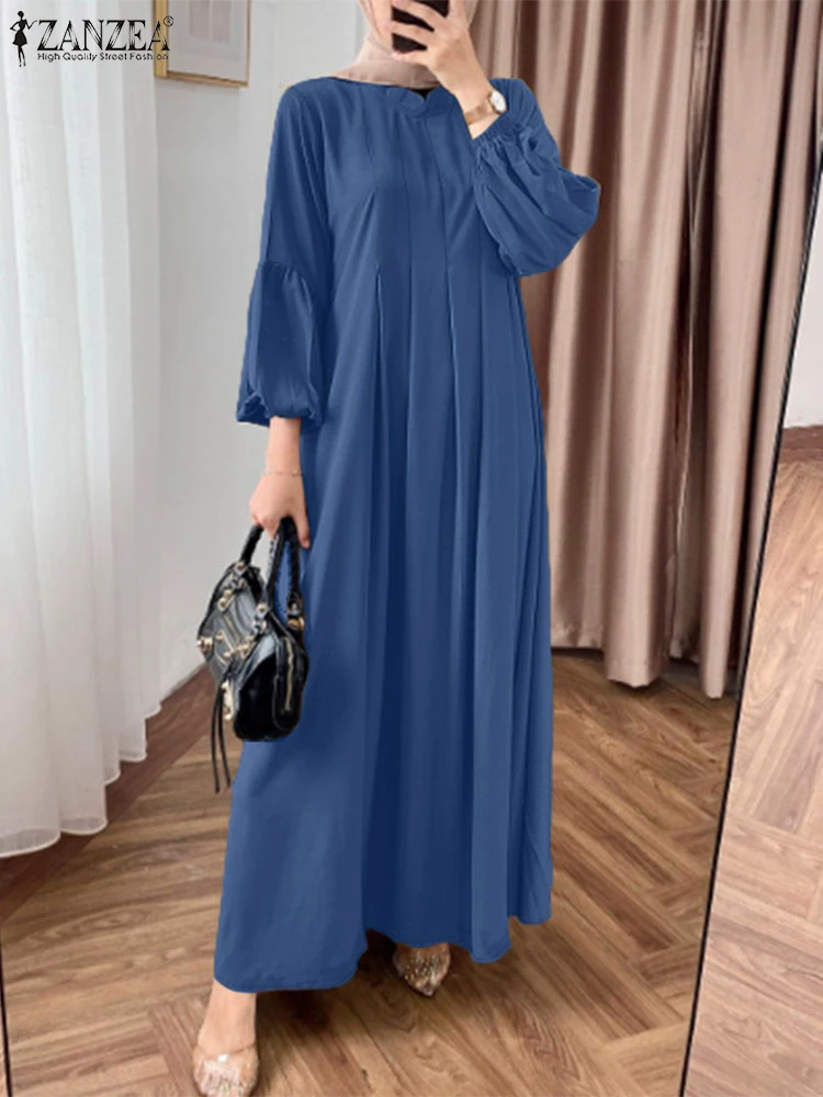 

2025 ZANZEA Muslim Dresses Women Elegant Long Lantern Sleeve Pleated SundressEid Mubarek Abaya Islamic Hijab Vestidos Maxi Robe