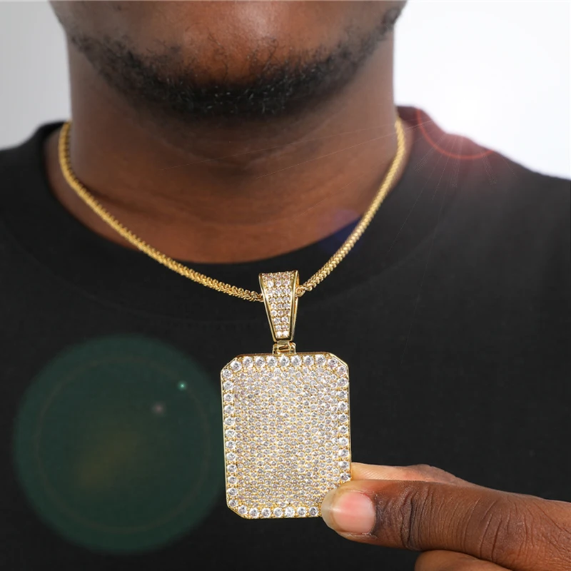 

Iced Out Rectangle Badge Shape Pendant Necklace Mens/Women CZ Chains Hip Hop Gold Silver Color Charms Jewelry Gift