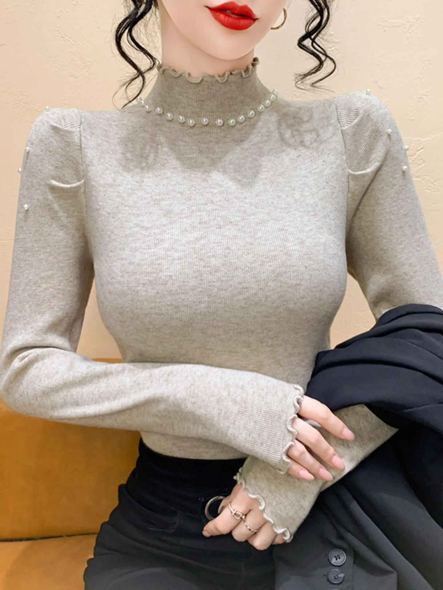 

Sli Knitted f High Collar Pearl Embellied Slim Fit Base irt Women's Autumn Winter New Sle Inner Wear Sweater Top