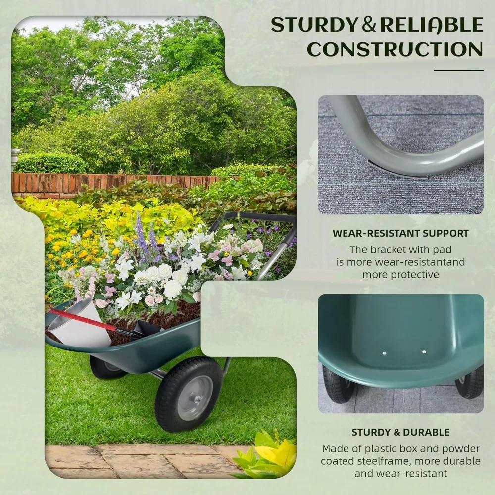 عربة حديقة ذات عجلات مزدوجة شديدة التحمل مع حامل مدمج، عربة يدوية سهلة المناورة للمنزل باللون الأخضر