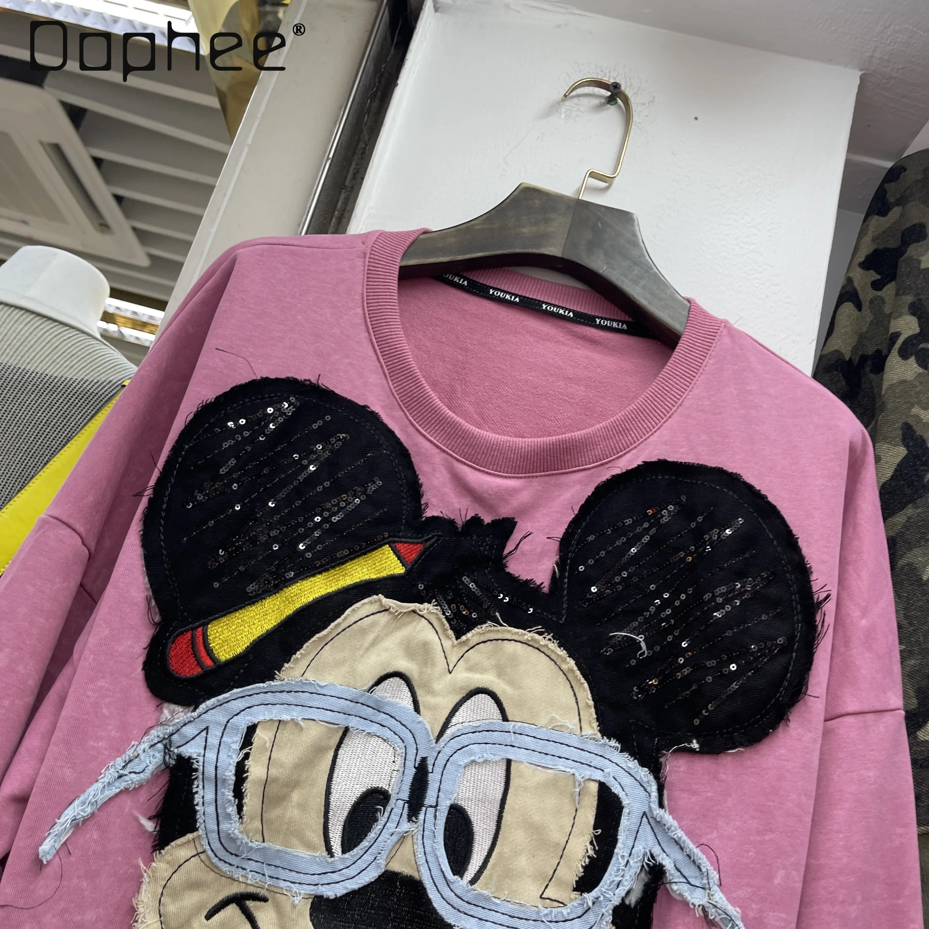 

Early Autumn Fashion Trend American Style Casual Heavy Sequin Cartoon Patch Pullover Sweatshirt Loose Casual Long Sleeve Top