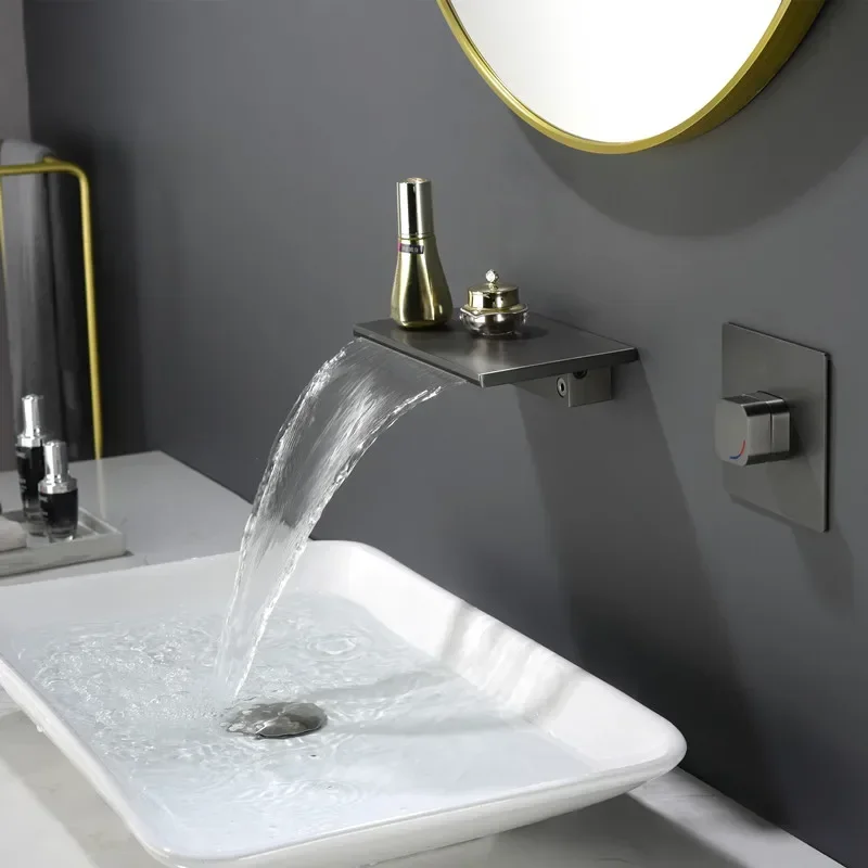 embedded in wall concealed hidden waterfall faucet storage platform hot and cold water face wash all copper