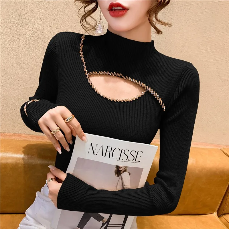 

Heavy-Embroidered Diamond Women's Knitted Sweater Base irt Hollow Design Versatile f-High Collar Autumn Winter New Sle