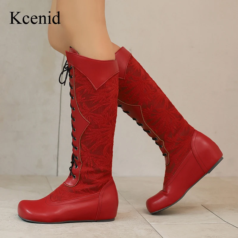 

Kcenid/женские современные сапоги до колена в уличном стиле с круглым носком, увеличивающие рост, модные высокие сапоги с вышивкой, большой размер 34-50